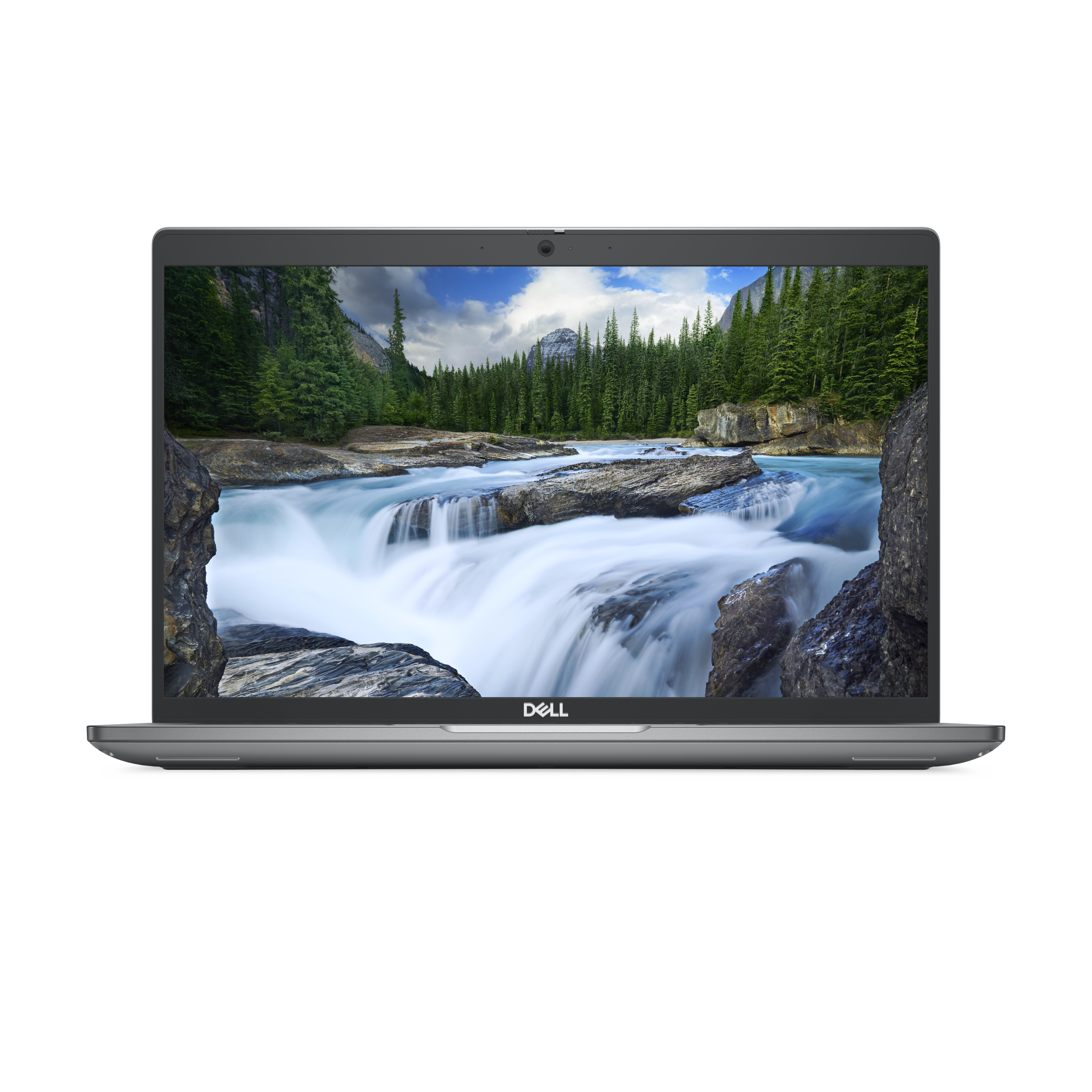 Laptop mit Wasserfall auf dem Bildschirm. Dell-Logo unten. Weißer Hintergrund.