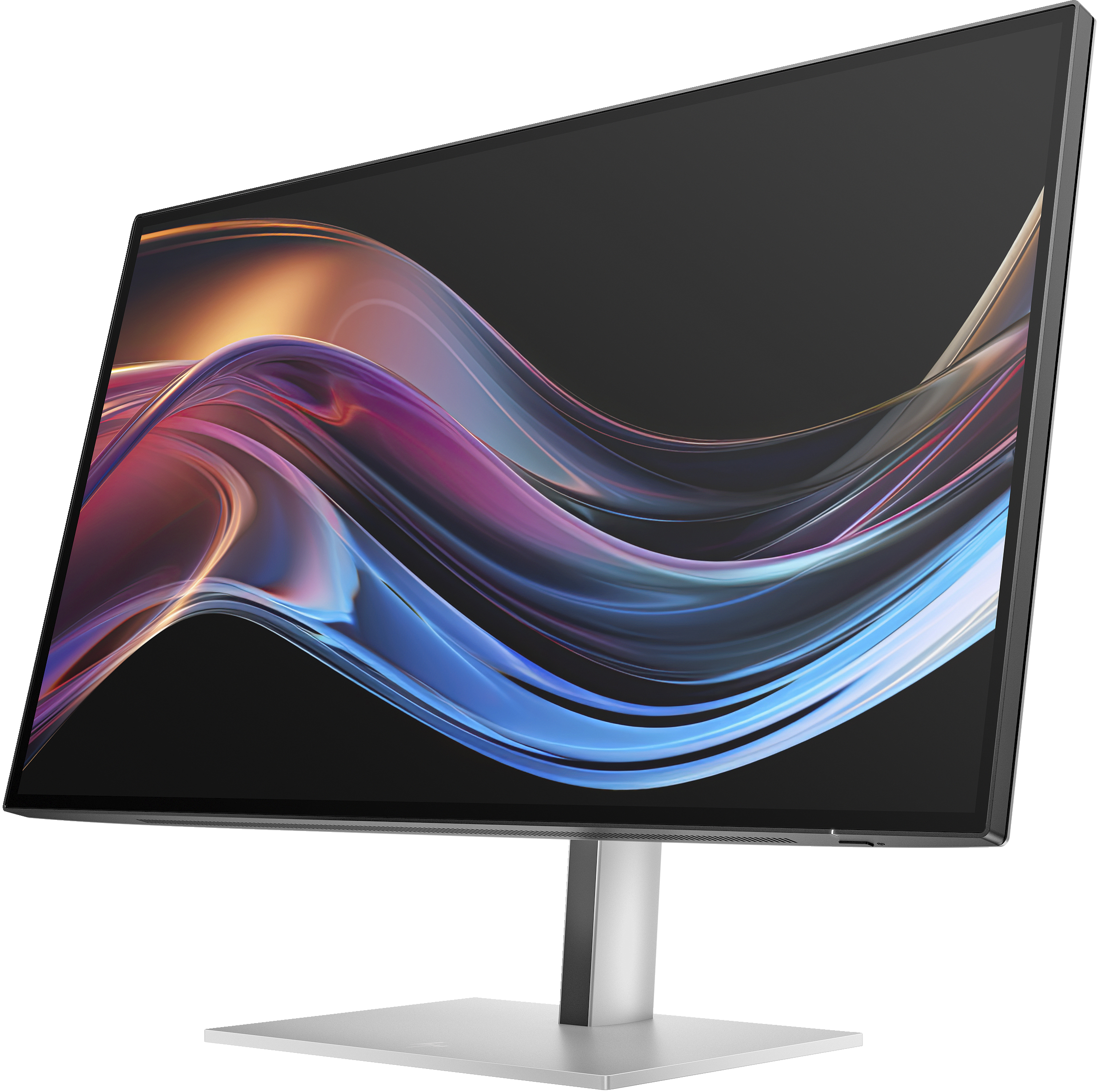 Ein moderner Monitor mit silbernem Ständer und einem abstrakten, bunten Hintergrundbild.