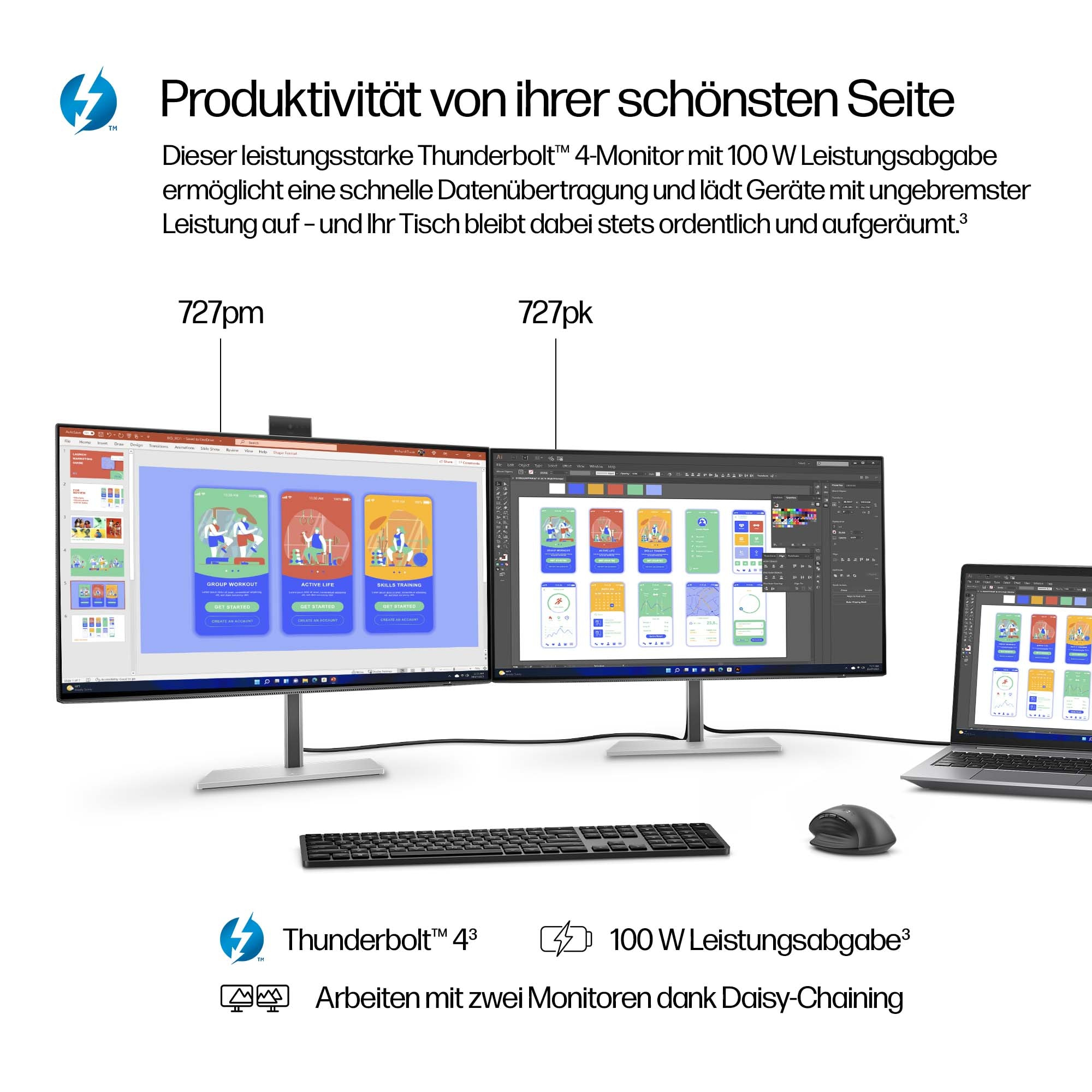 Zwei Monitore und ein Laptop zeigen App-Designs. Ein Thunderbolt-Logo ist sichtbar.