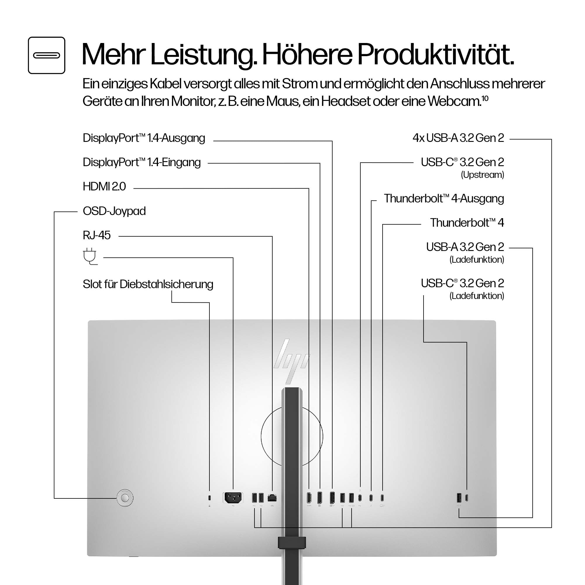 Rückseite eines Monitors mit Anschlüssen: DisplayPort, USB-C, Thunderbolt, HDMI, RJ-45.