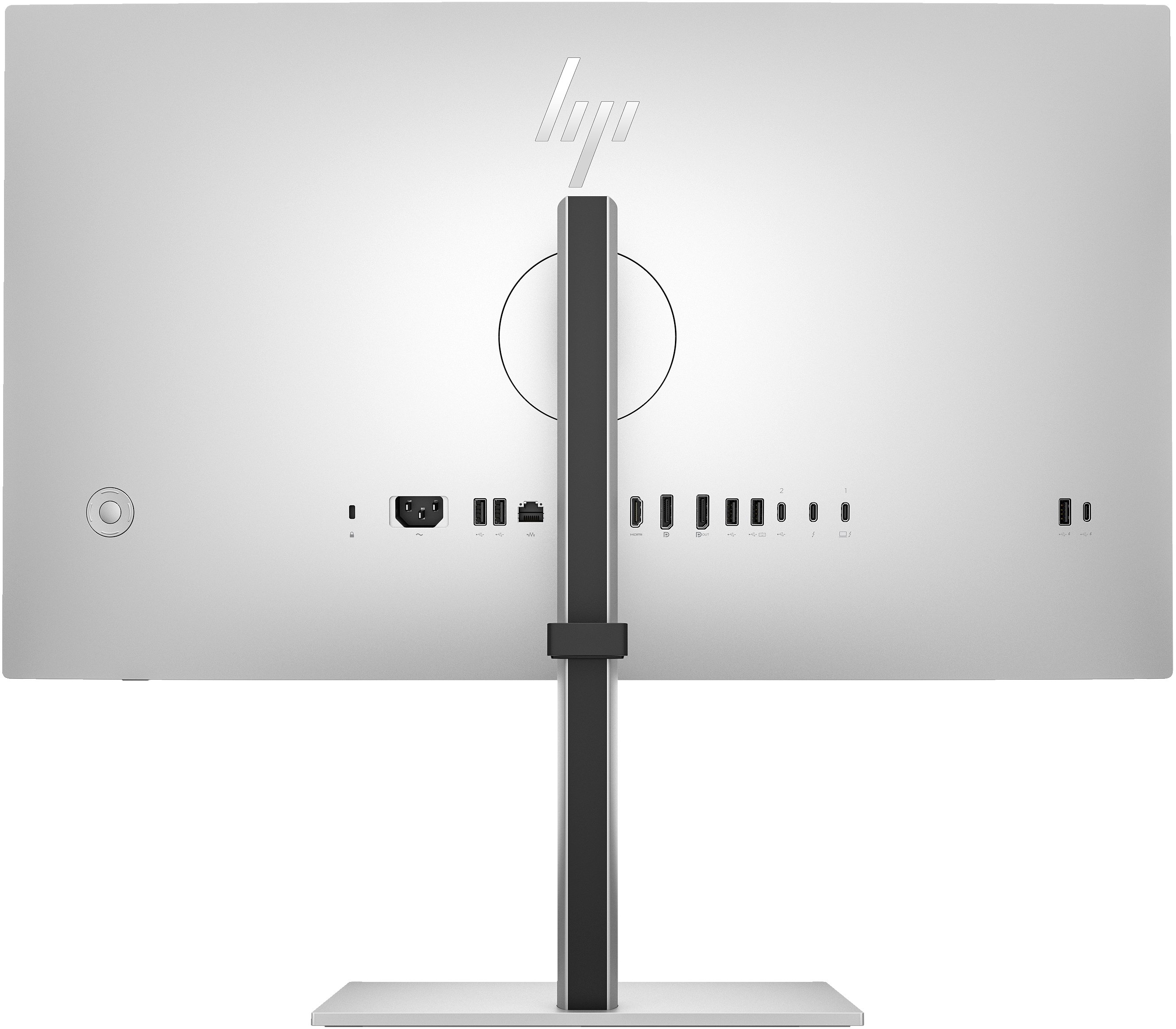 Rückseite eines silbernen Monitors mit Anschlüssen: Strom, HDMI, USB und mehr.