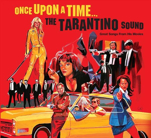 Once Upon a Time...in Hollywood Soundtrack-Cover. Charaktere aus dem Film sind auf dem roten Hintergrund.