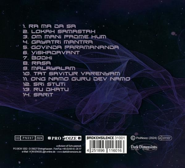 CD-Cover listet spirituelle Mantras auf. Hintergrund ist ein abstraktes Design in Lila und Blau.