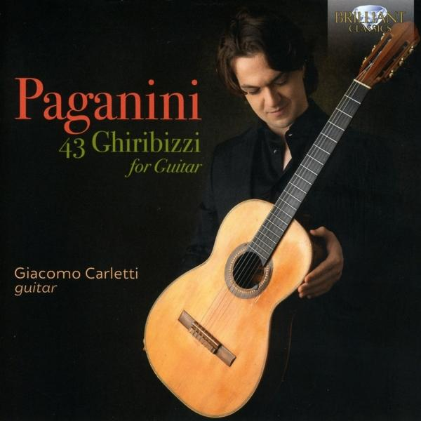 Buchcover, Paganini, Mann mit Gitarre. Text: 43 Ghiribizzi for Guitar.