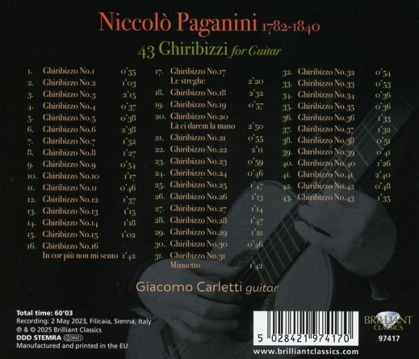 Rückseite einer CD mit Musik von Niccolò Paganini, mit Gitarrenbild.