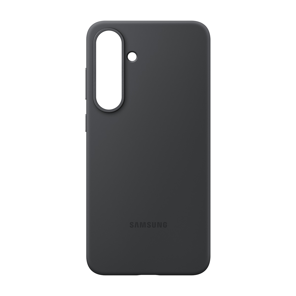 Kamera ve düğmeler için açıklıkları olan, koyu gri telefon kılıfı ve altında Samsung logosu.