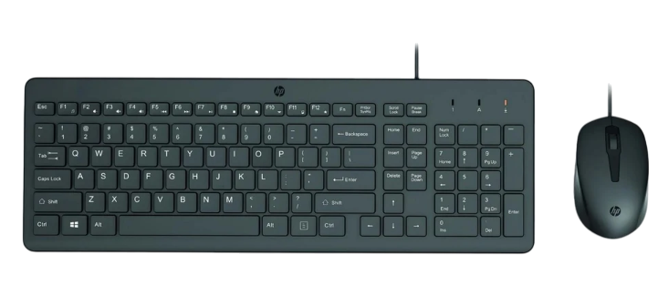 HP klavye ve fare seti siyah zemin üzerinde, üstten görünüm.