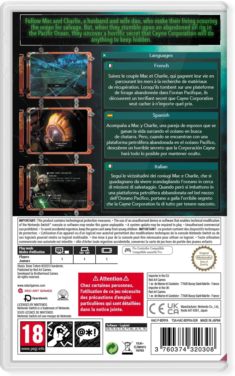 Parte trasera de una caja de juego de Nintendo Switch. Varios idiomas y texto legal.