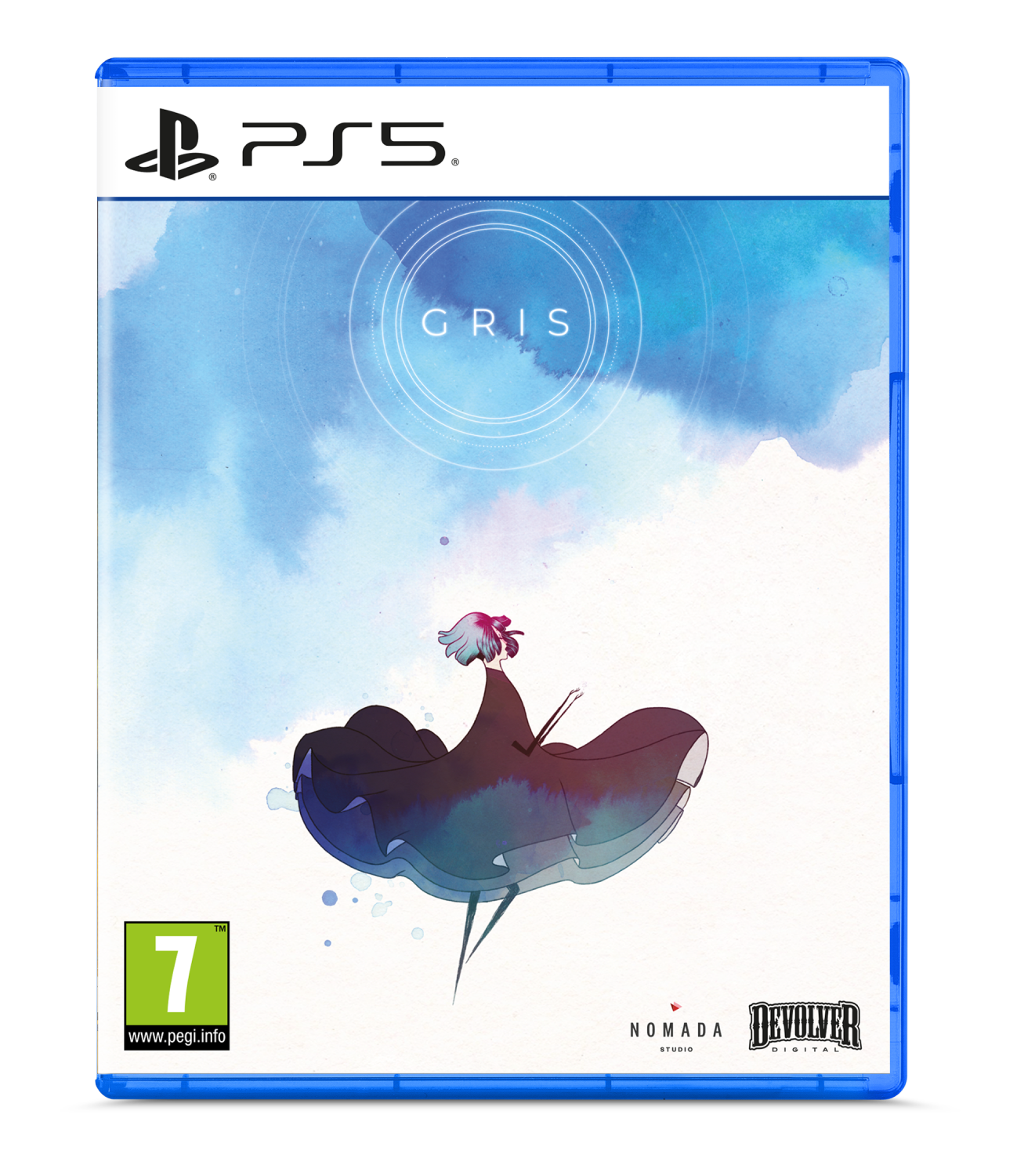 Caja del juego PS5 para GRIS, con el logo del juego y un dibujo de una figura femenina.