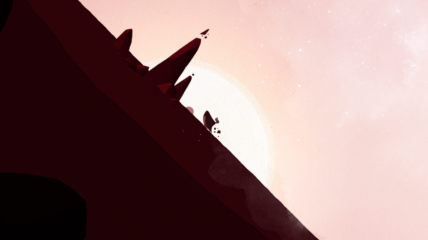Arte abstracto con forma de montaña rojo oscuro. El cielo es rosa y el sol blanco.