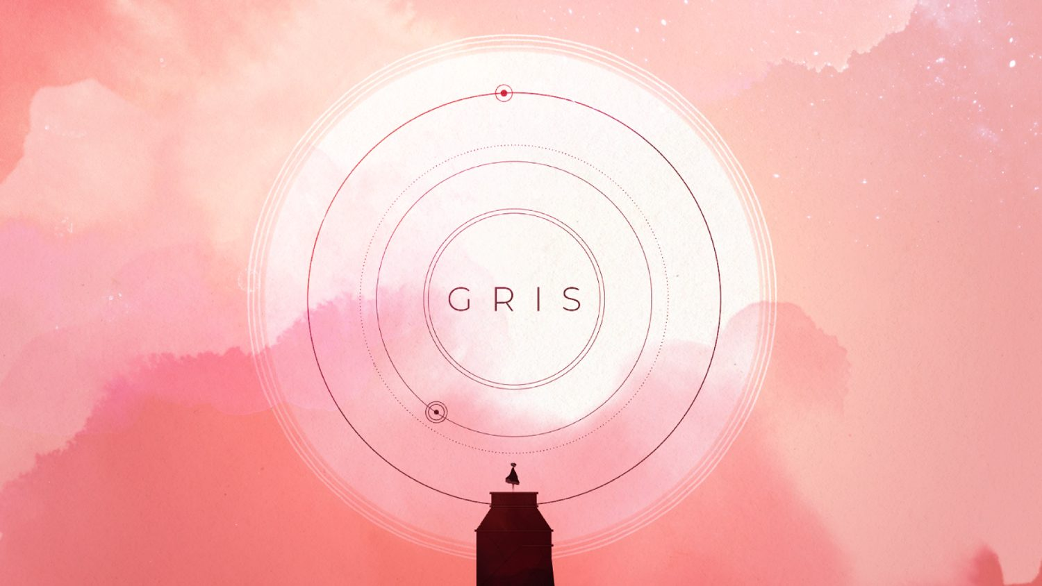 Fondo rosa con un círculo y la palabra 'GRIS'. Silueta de una persona en un tejado.