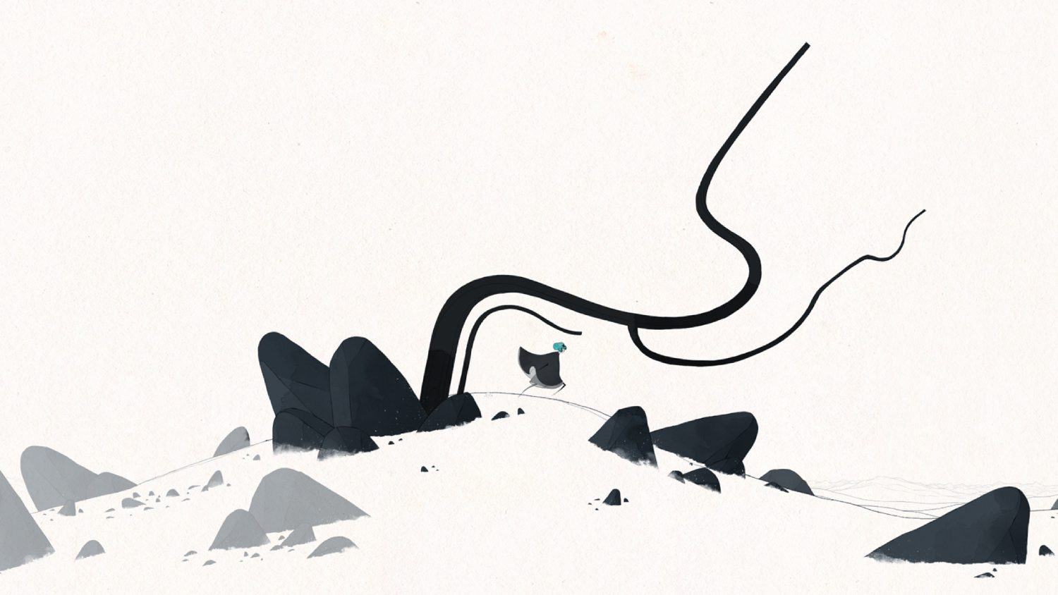 Una ilustración: una persona corriendo cuesta arriba por una colina nevada con un árbol curvo y rocas oscuras detrás.