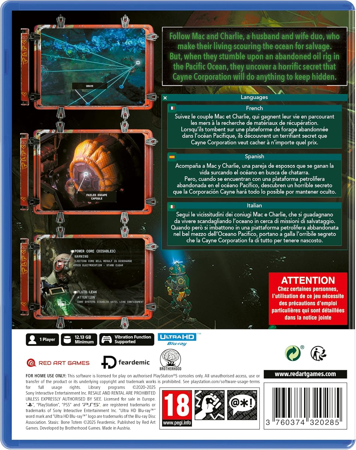 Contraportada de un videojuego. Texto en varios idiomas describe la historia del juego. Un logo está en el centro.