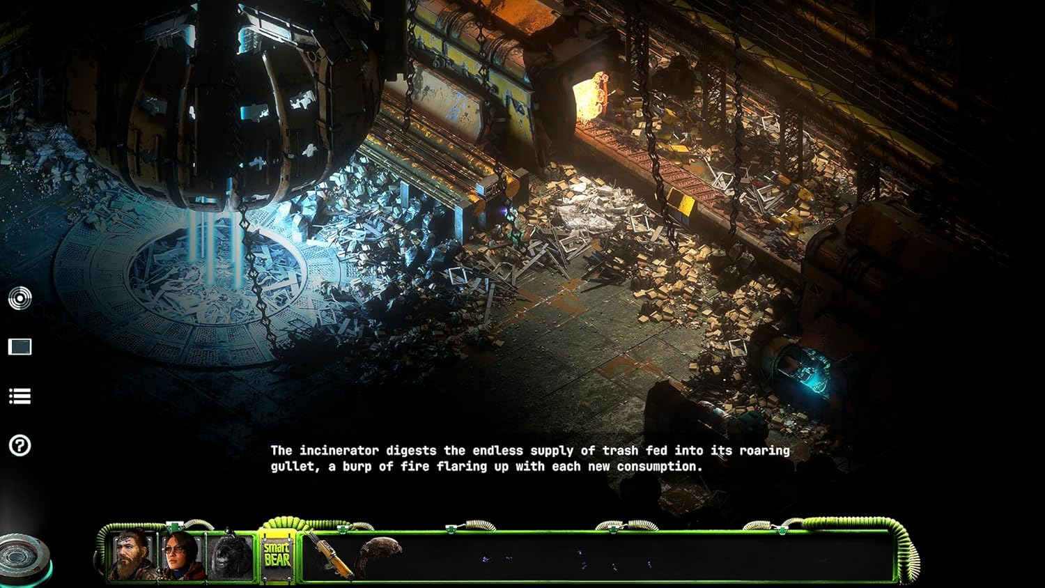 Escena de juego con texto abajo, fondo industrial oscuro.