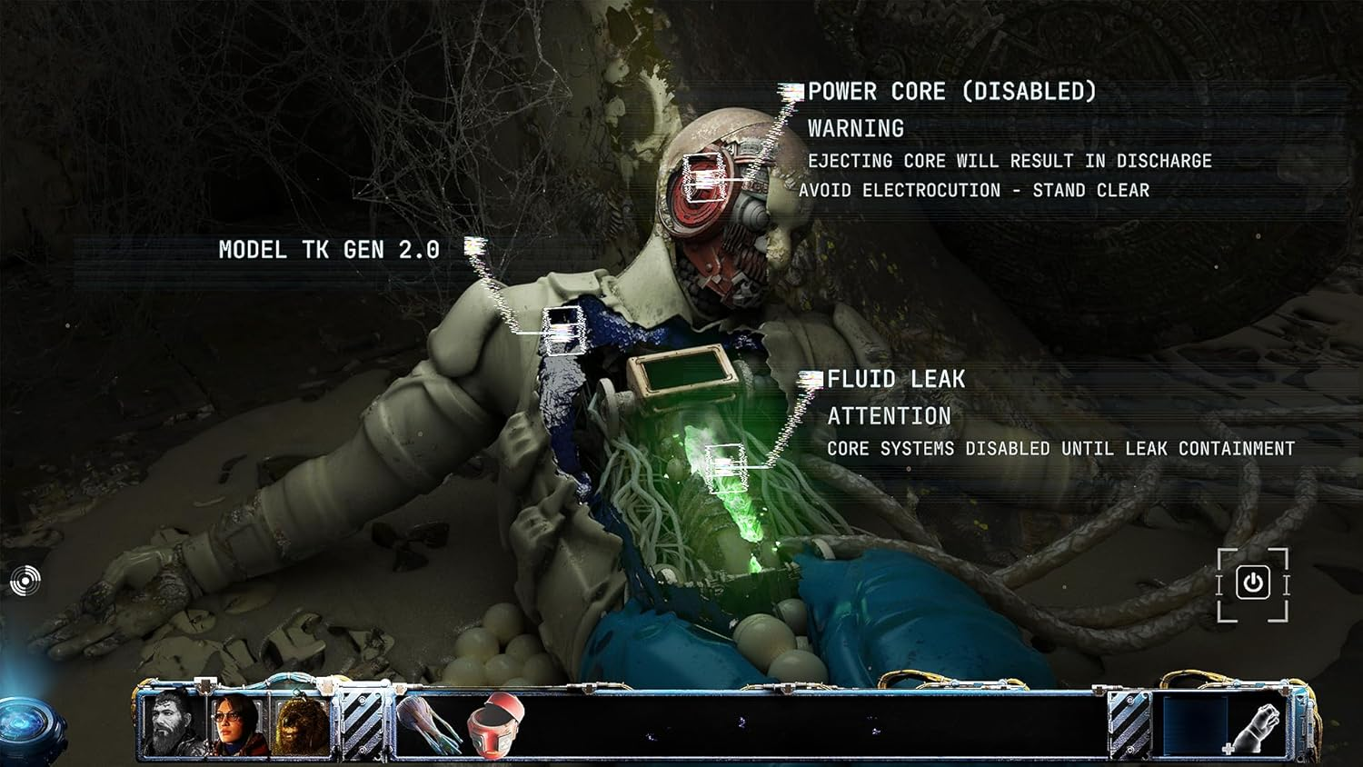 Modelo de robot con interior expuesto, texto de advertencia y sistemas centrales visibles. HUD del juego presente.
