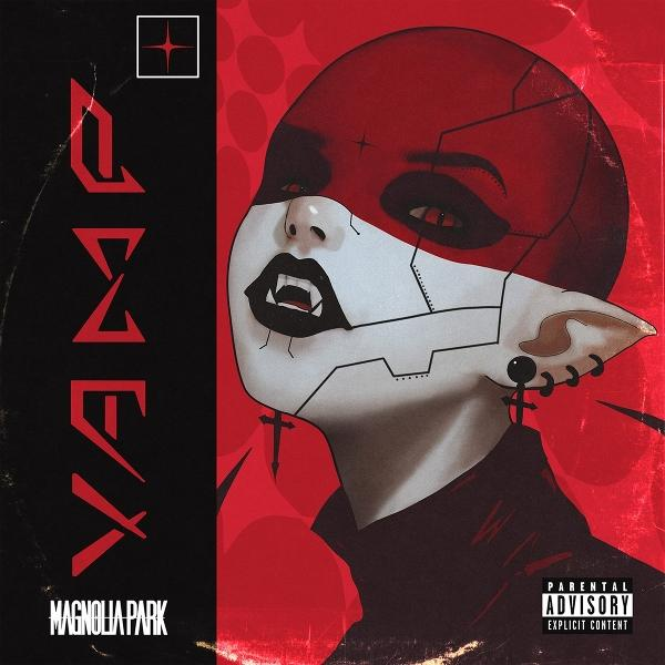 Ein rotes und schwarzes Albumcover. Eine Frau mit Vampir-Make-up und dem Text "XANA".