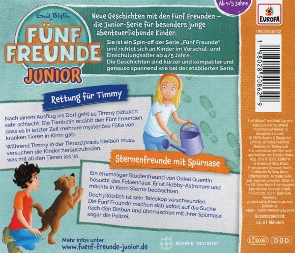 Cover eines deutschen Kinderbuchs, 'Fünf Freunde Junior', mit einem Mädchen und einer Gießkanne.