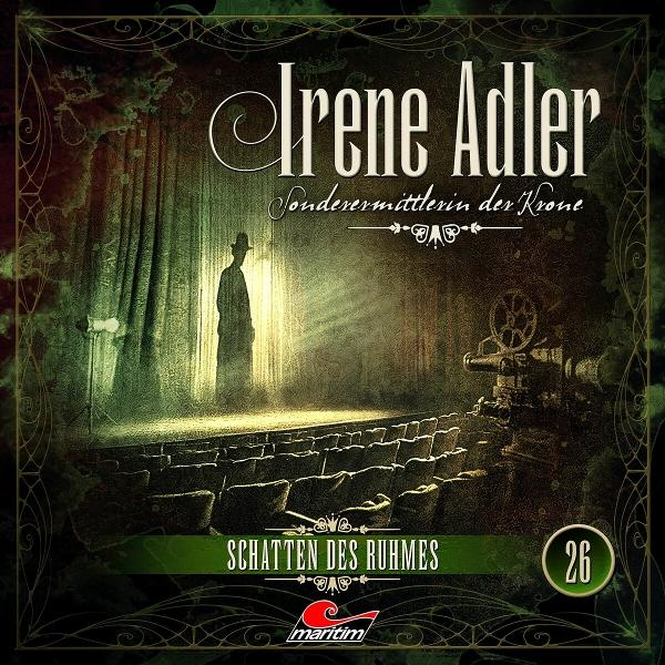 Albumcover: Eine Silhouette in einem Theater, mit einer unheimlichen Atmosphäre. Titel 'Irene Adler'.