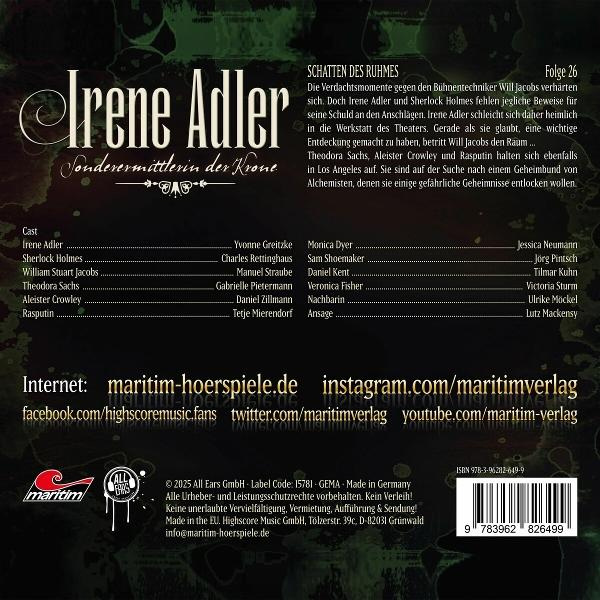 Ein Buchcover mit dem Titel Irene Adler und anderem deutschen Text. Maritim-Logo. Weißer Hintergrund.