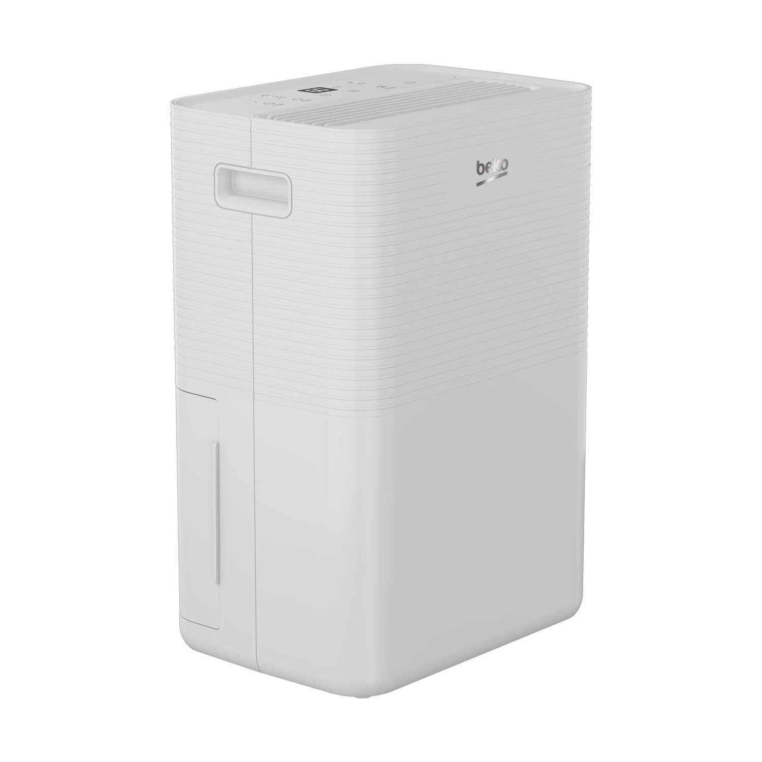 Deumidificatore bianco con maniglia, pannello di controllo e vano serbatoio dell'acqua.
