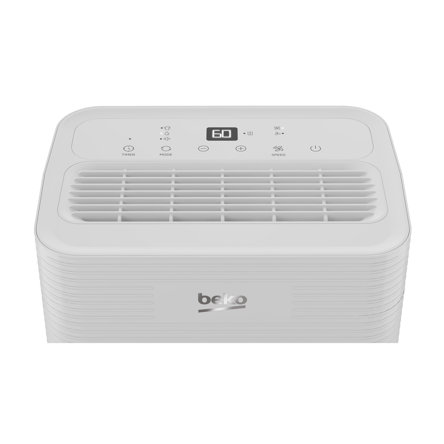 Purificatore d'aria bianco con logo BEKO e pulsanti di controllo. Mostra il numero 60.