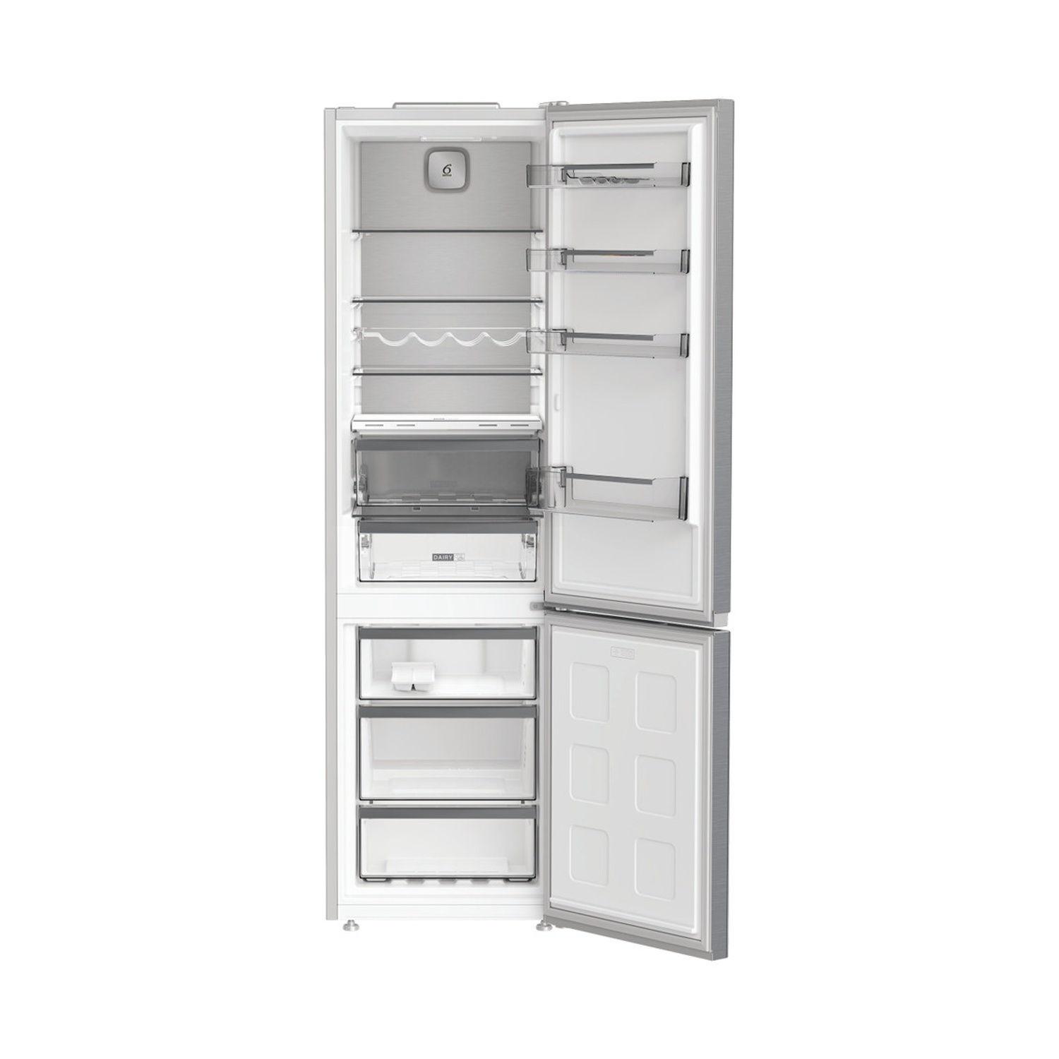 Un frigorifero argento aperto con la porta completamente aperta, che rivela ripiani, cassetti e contenuto. Sfondo bianco.