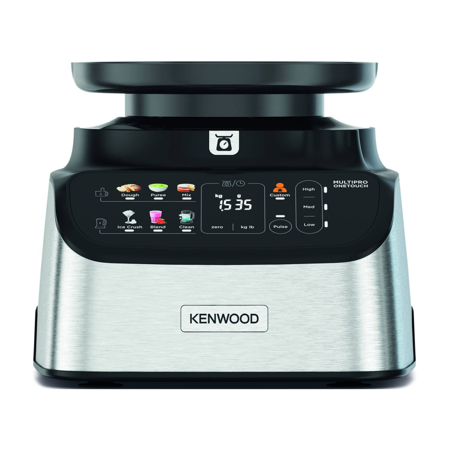 Elettrodomestico da cucina Kenwood nero e argento con touchscreen e pulsanti di controllo.