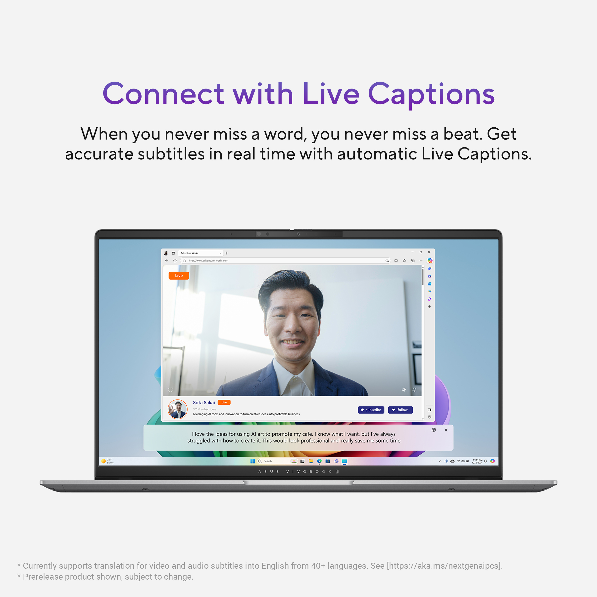 L'ordinateur portable affiche un appel vidéo avec des sous-titres.