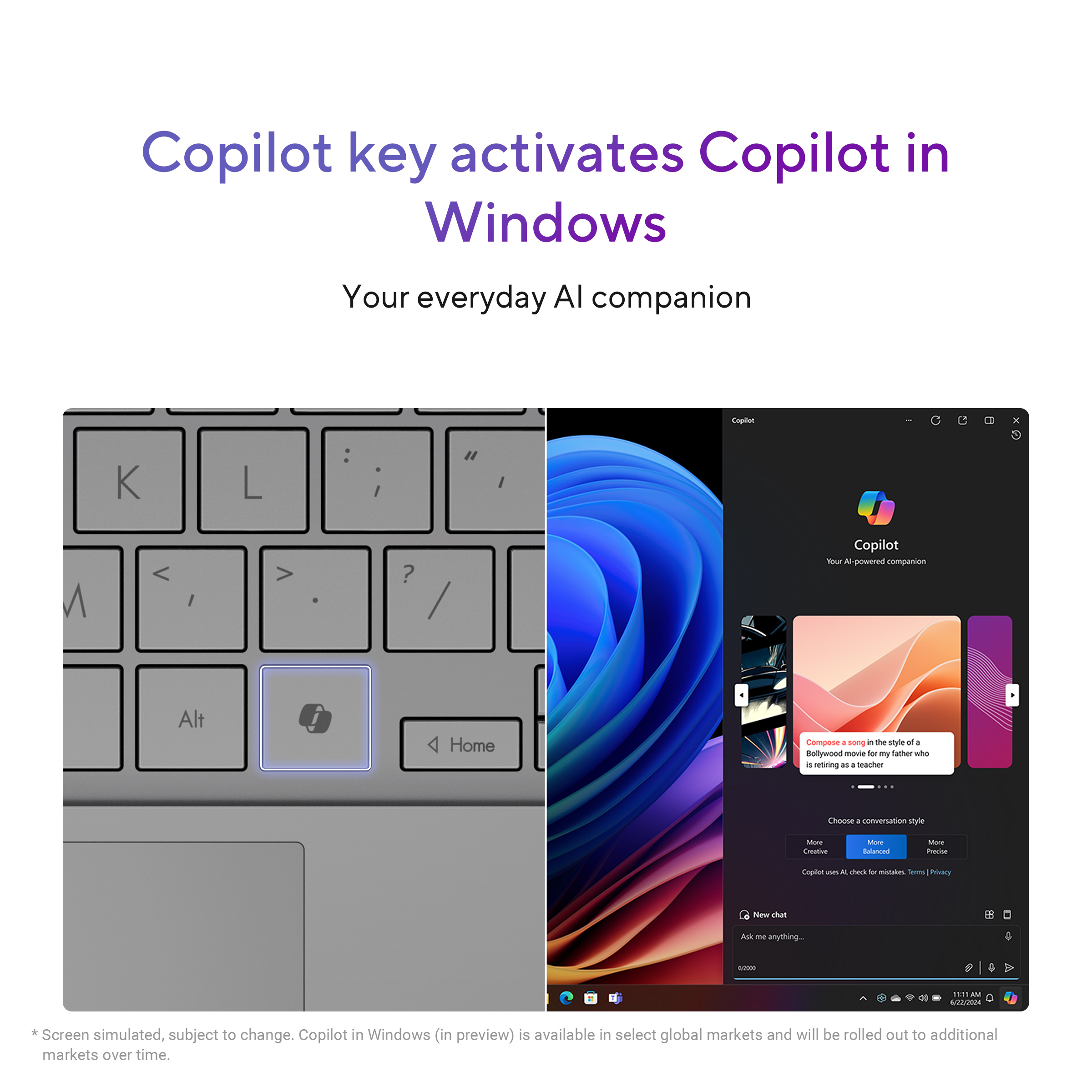 Un clavier d'ordinateur avec la touche Copilot en surbrillance, à côté d'un écran affichant Copilot.