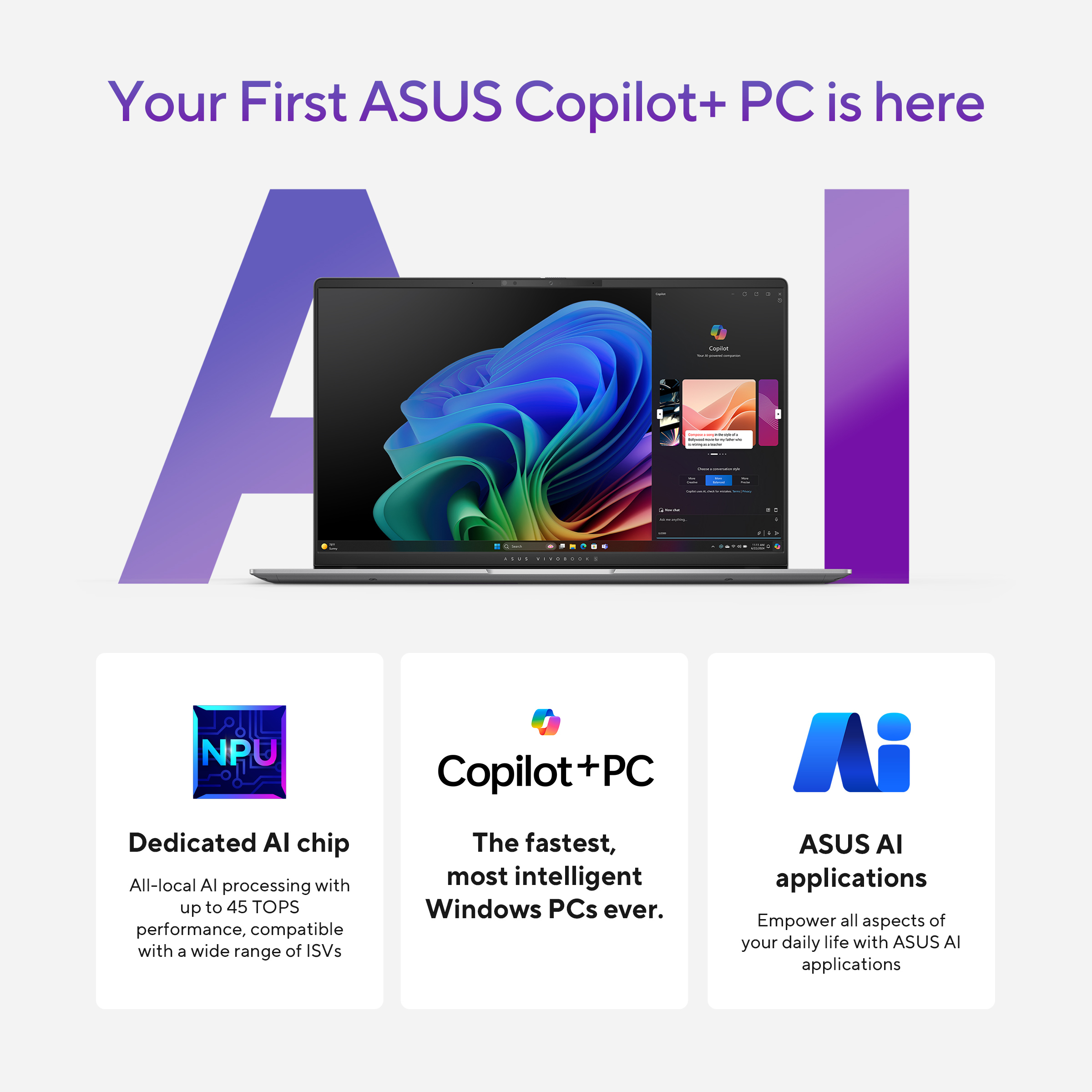 Un PC ASUS Copilot+ avec un ordinateur portable affichant une image colorée et des icônes décrivant les fonctionnalités IA.