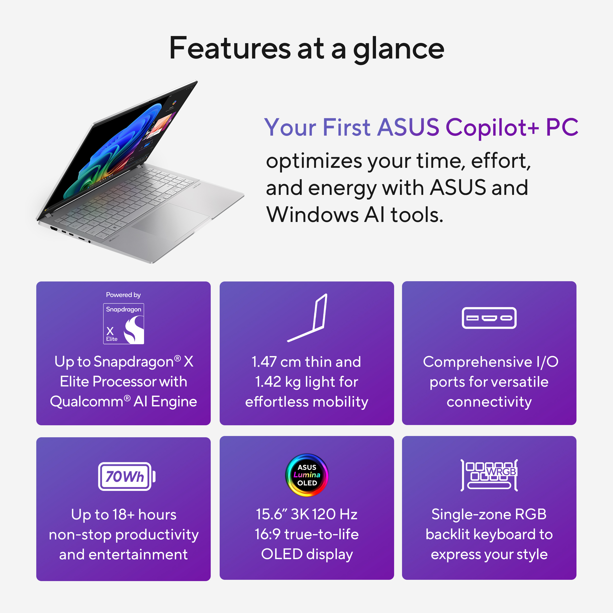 Un ordinateur portable ASUS avec des fonctionnalités en un coup d'œil.