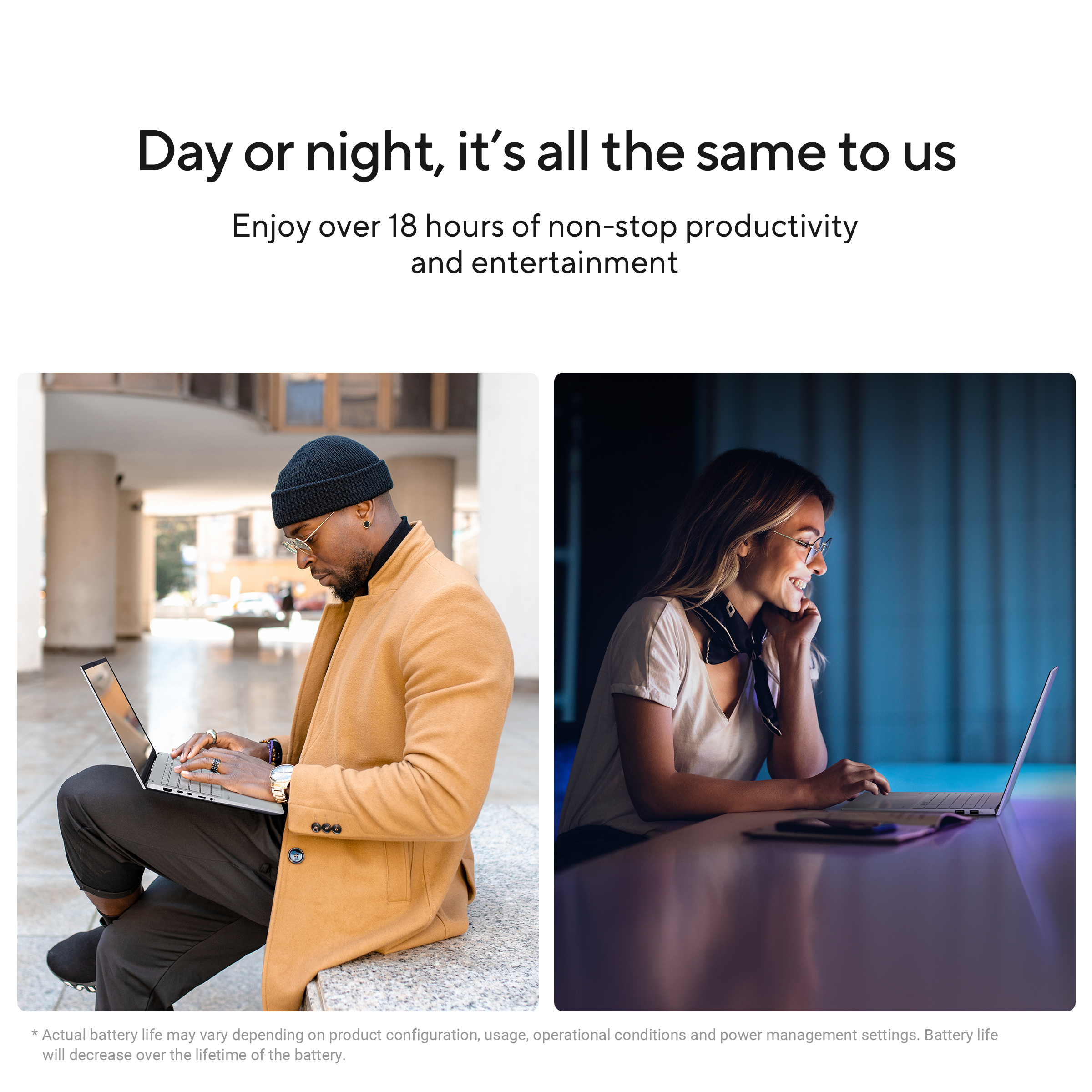 Deux personnes utilisent des ordinateurs portables, l'une à l'intérieur, l'autre à l'extérieur, avec le texte : Jour et nuit.
