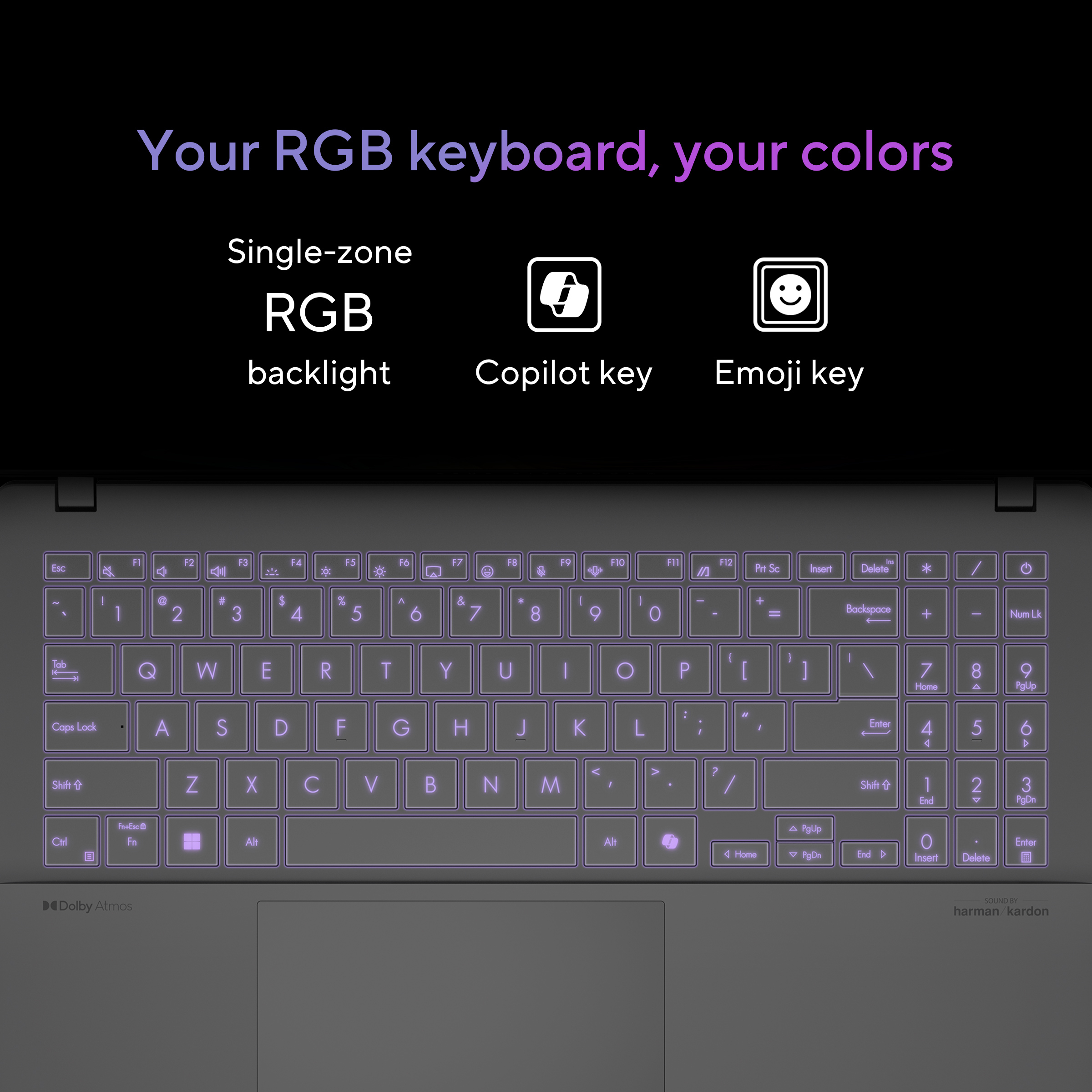 Clavier avec rétroéclairage violet et touches mises en évidence.