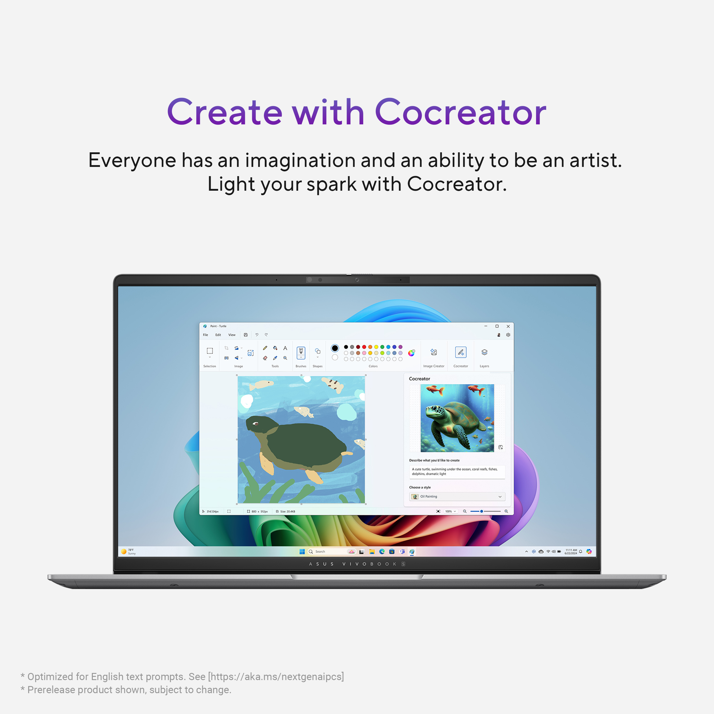Écran d'ordinateur portable montrant une tortue. Texte: 'Create with Cocreator'. Fond coloré.