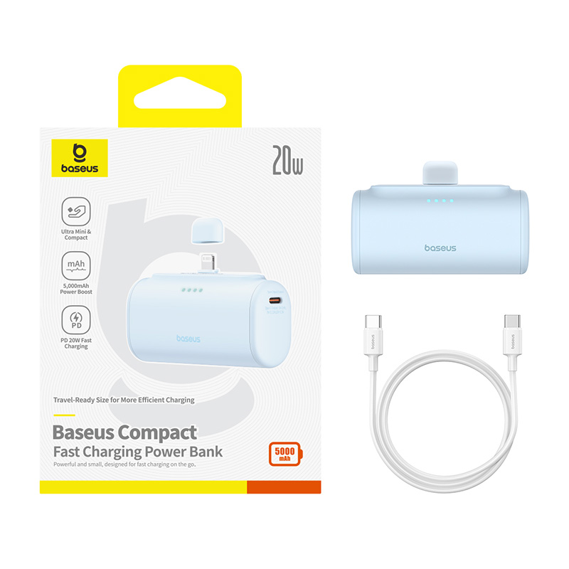 Baseus Compact Fast Charging Power Bank, fehér. Tartalmaz egy töltőkábelt és egy dobozt.