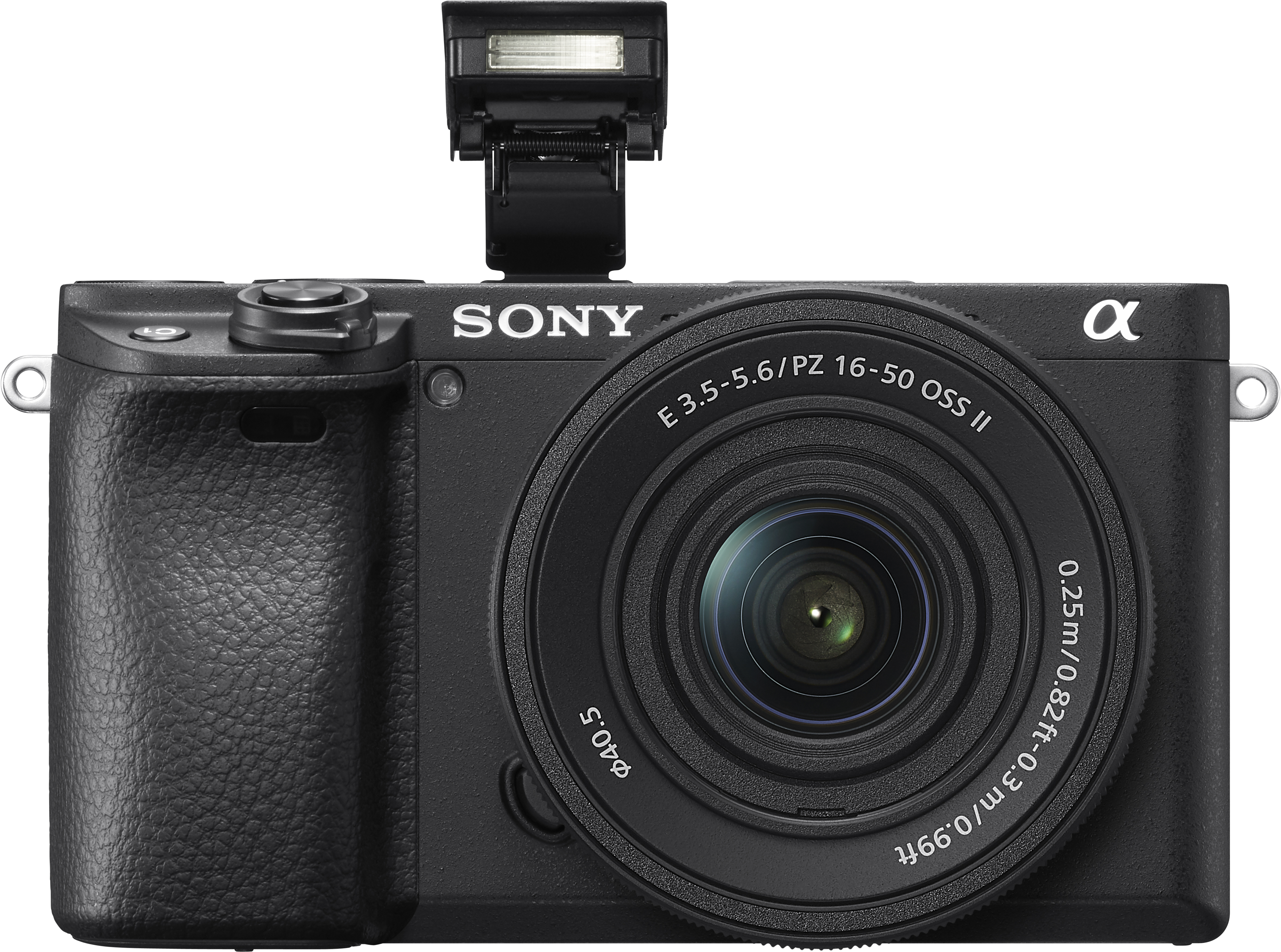 Appareil photo Sony noir avec un objectif, un flash et un anneau argenté. L'appareil photo est en vue de face.