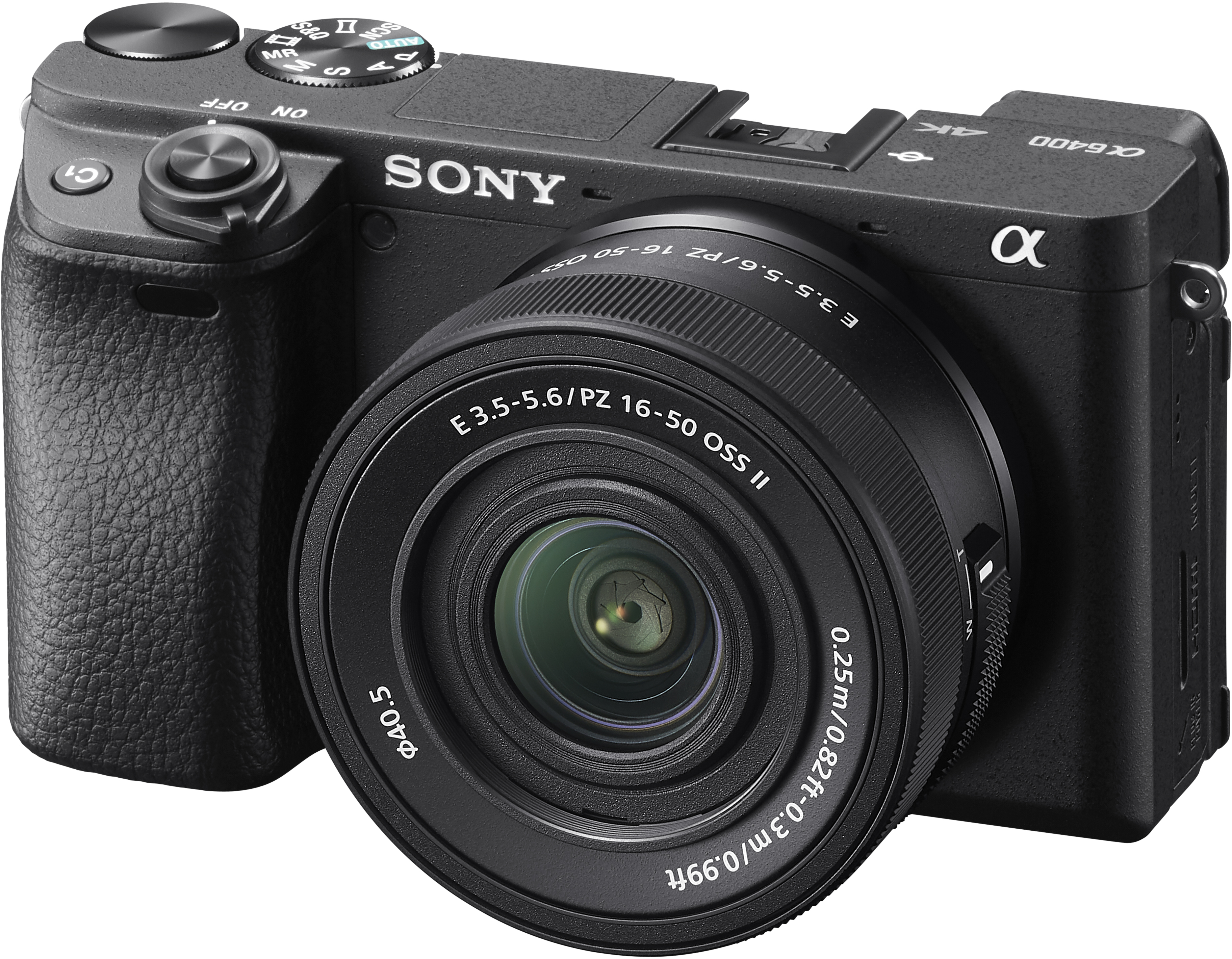 Appareil photo Sony noir avec objectif. Le mot SONY en haut. Cadran noir en haut.