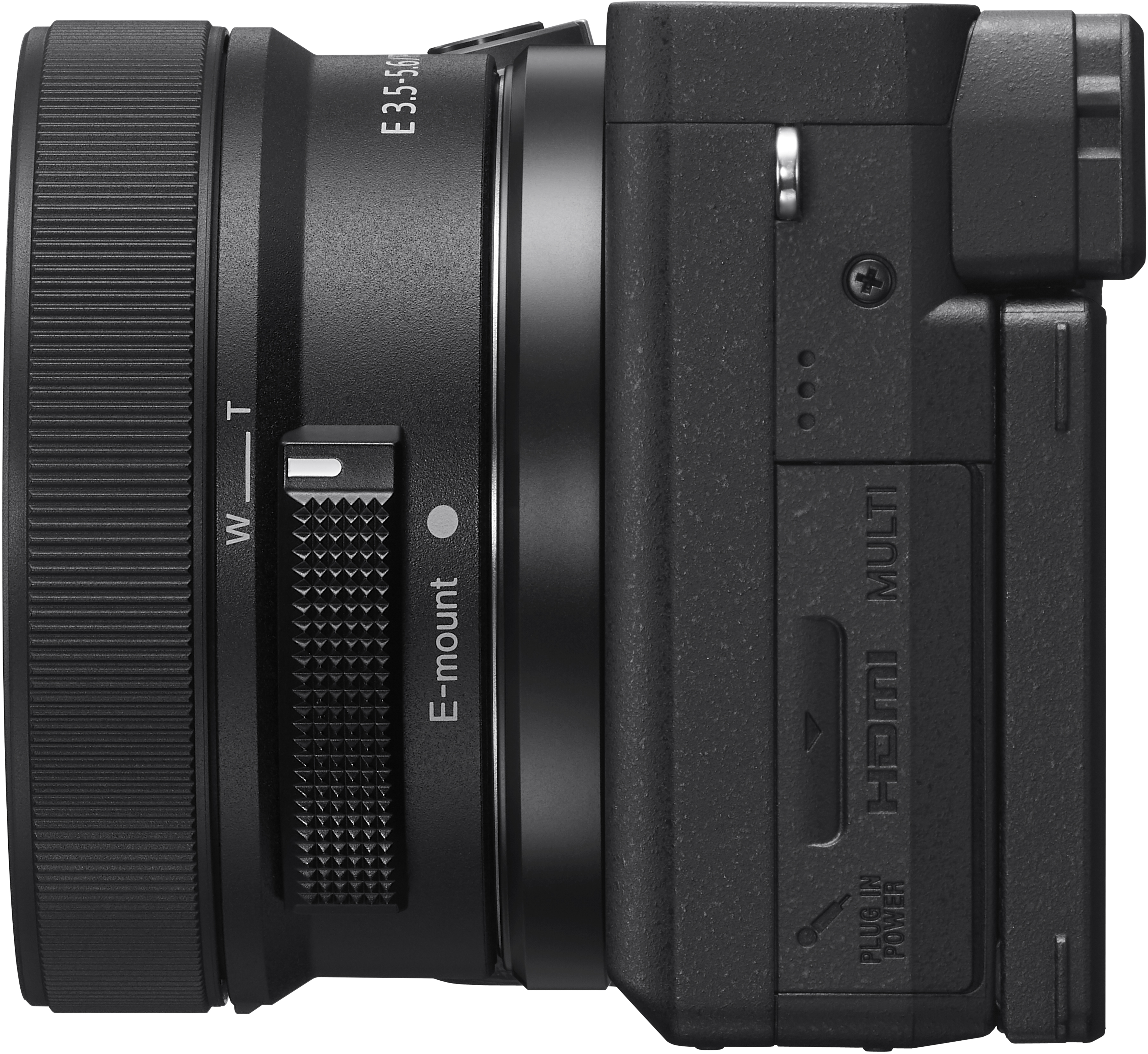 Caméra noire, vue latérale, objectif fixé, boutons visibles, étiquette E-mount.