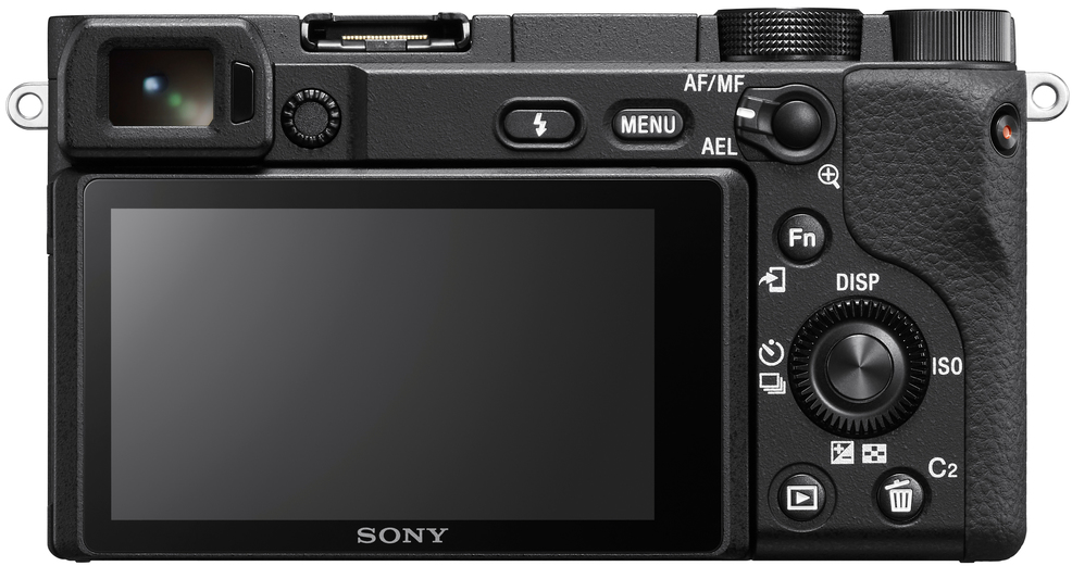 Arrière d'un appareil photo Sony noir avec boutons, écran et objectif.