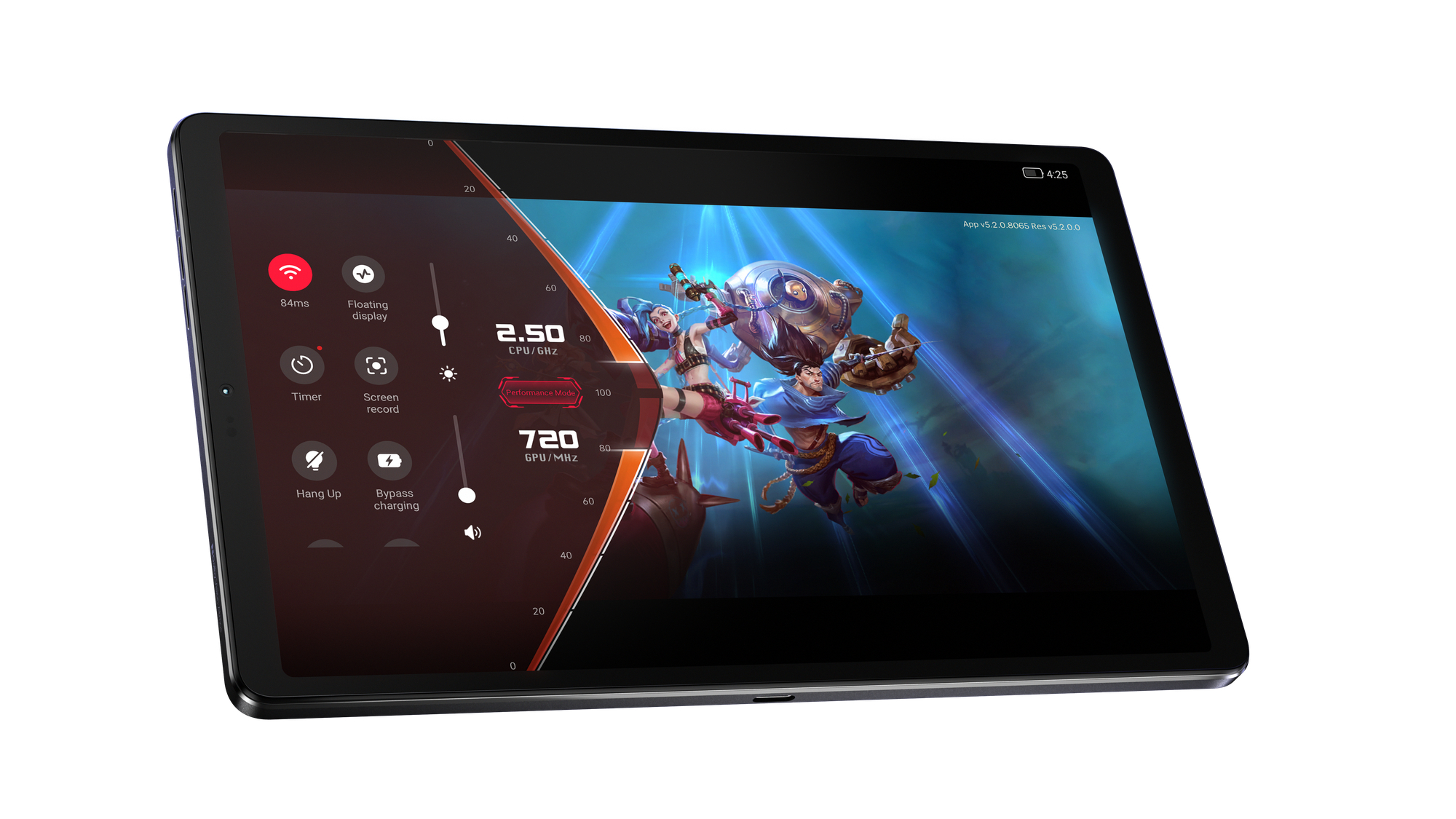 Schwarzes Tablet zeigt Spieloberfläche mit Charakteren und Spielstatistiken.