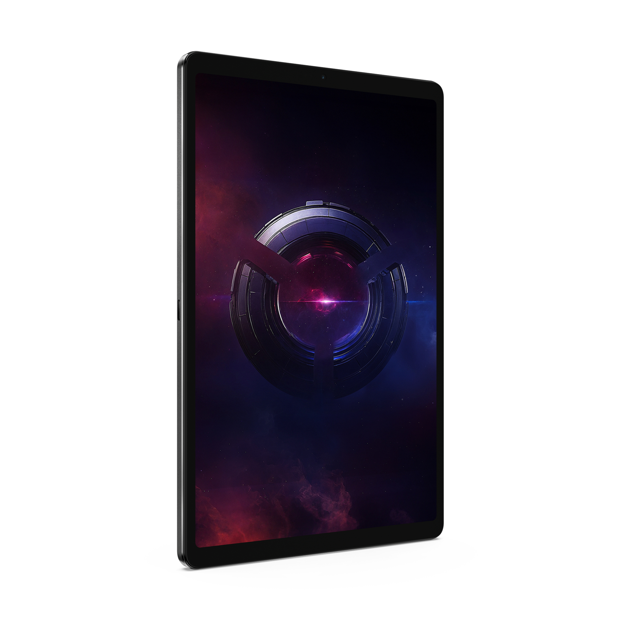 Tablet-Gerät mit buntem, abstrakten Hintergrund. Schwarzer Rahmen, schräge Perspektive, weißer Hintergrund.