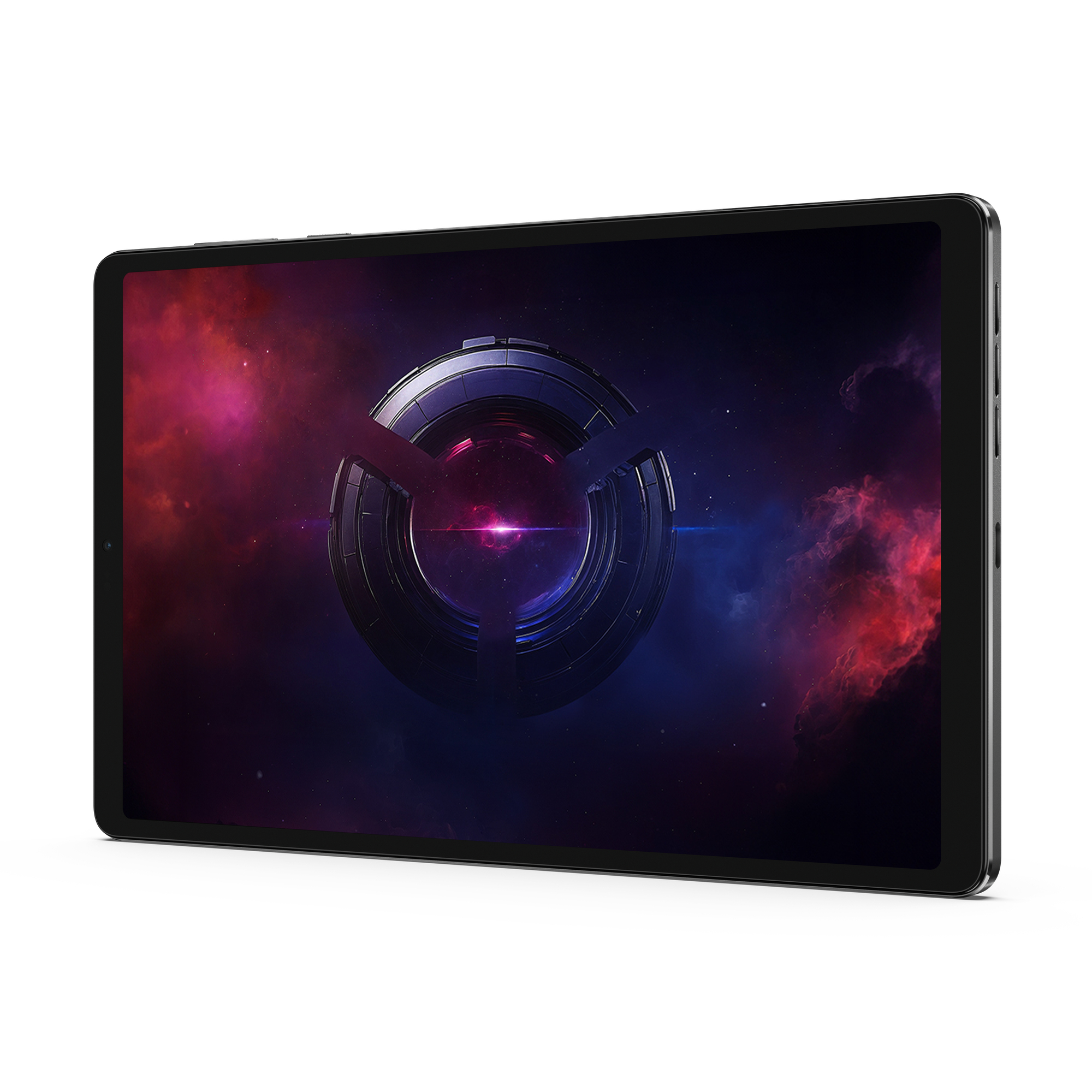 Ein Tablet mit buntem Weltraumhintergrund, leicht nach rechts geneigt.