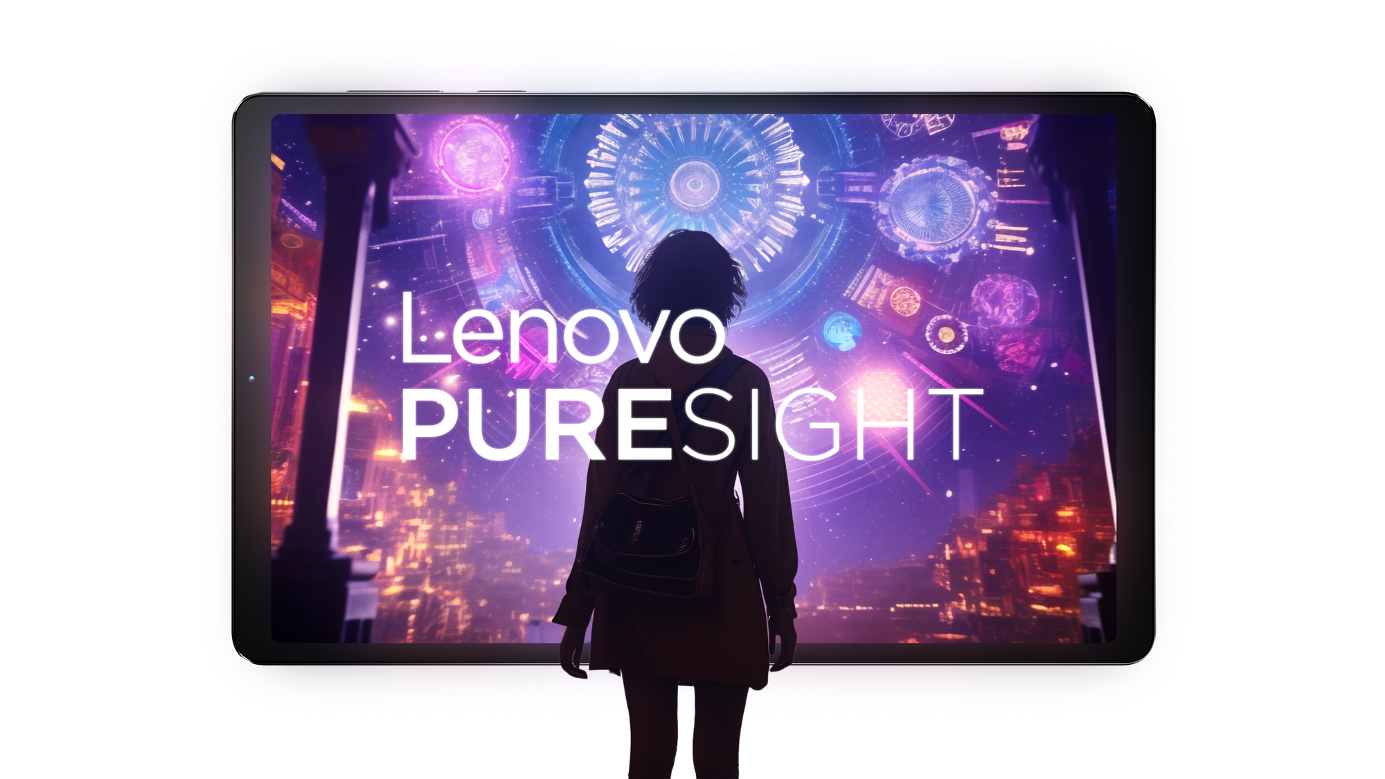 Ein Tablet mit einem Bildschirm, der eine futuristische Szene zeigt. Text: Lenovo Puresight.