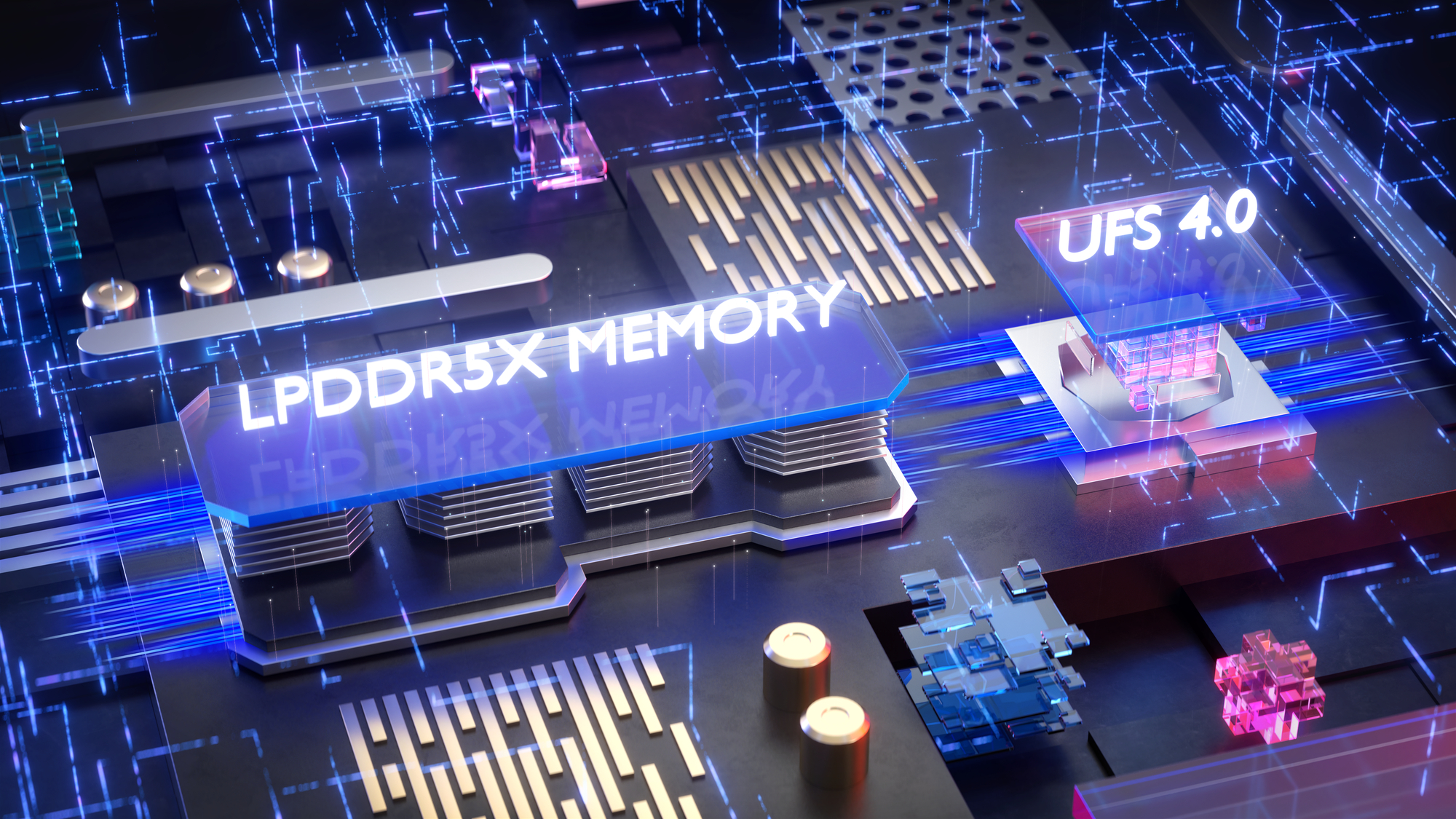 Nahaufnahme eines Motherboards mit LPDDR5X MEMORY und UFS 4.0 Text.