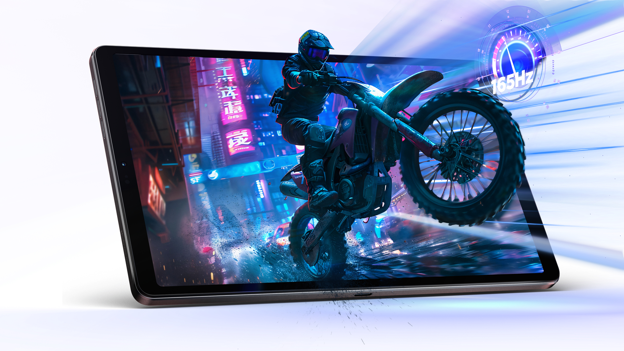 Tablet zeigt einen Biker auf einem Motorrad in einer neonbeleuchteten Stadt, mit 165 Hz Abzeichen.