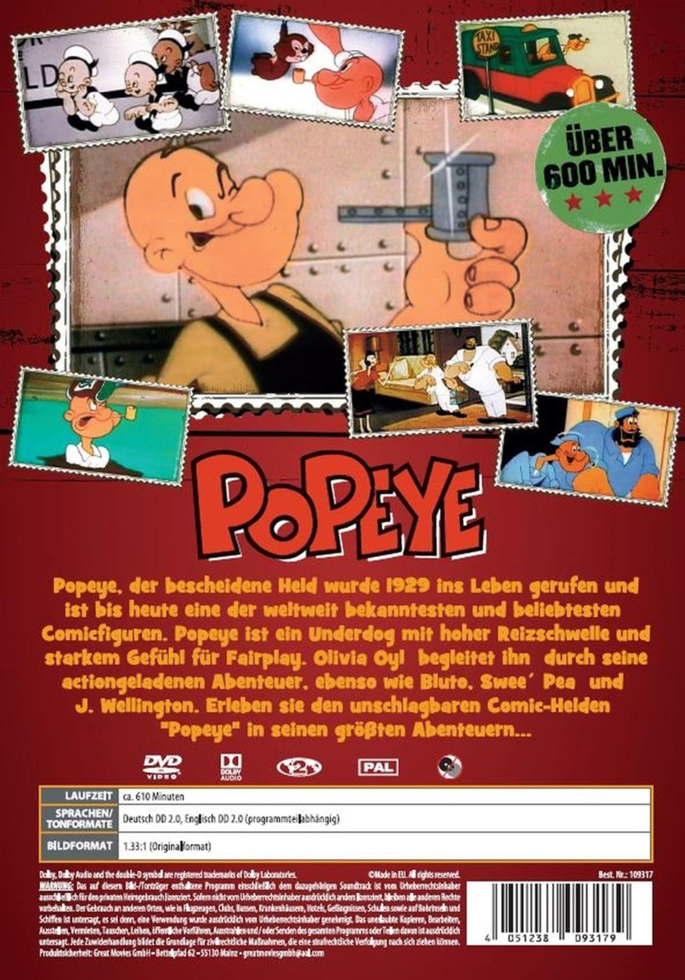 Rückseite der Popeye DVD-Hülle mit Popeye und anderen Zeichentrickszenen.