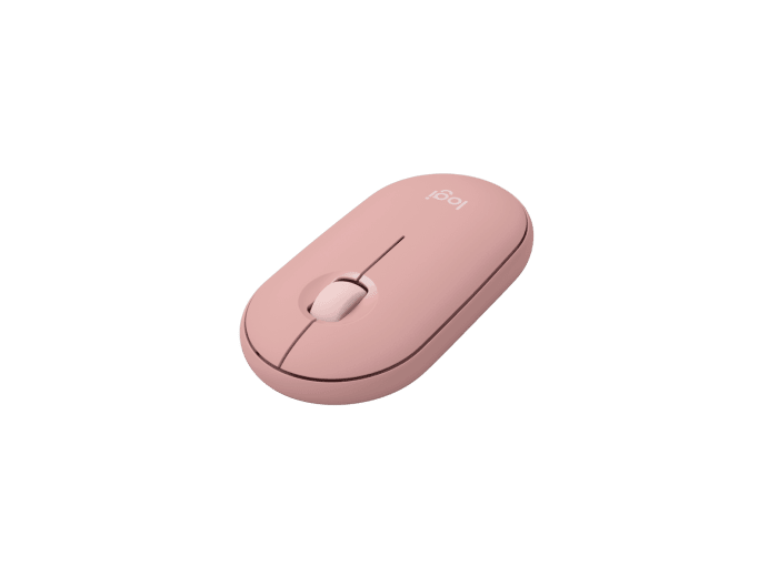 Rosa Logitech-Maus, Draufsicht, schwarzer Hintergrund.