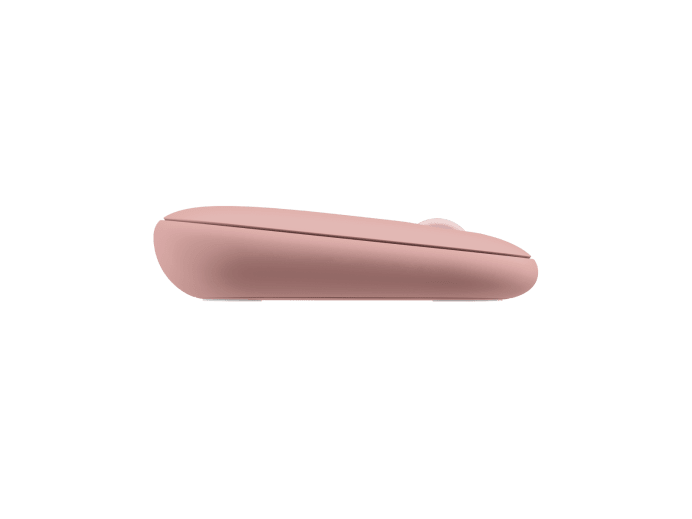 Rosa Computermaus von der Seite. Glattes und abgerundetes Design auf schwarzem Hintergrund.