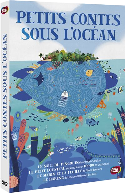 DVD-hoes van 'Petits Contes Sous L'Ocean'. Tekenfilm schildpad, vissen en een eiland op de achtergrond.