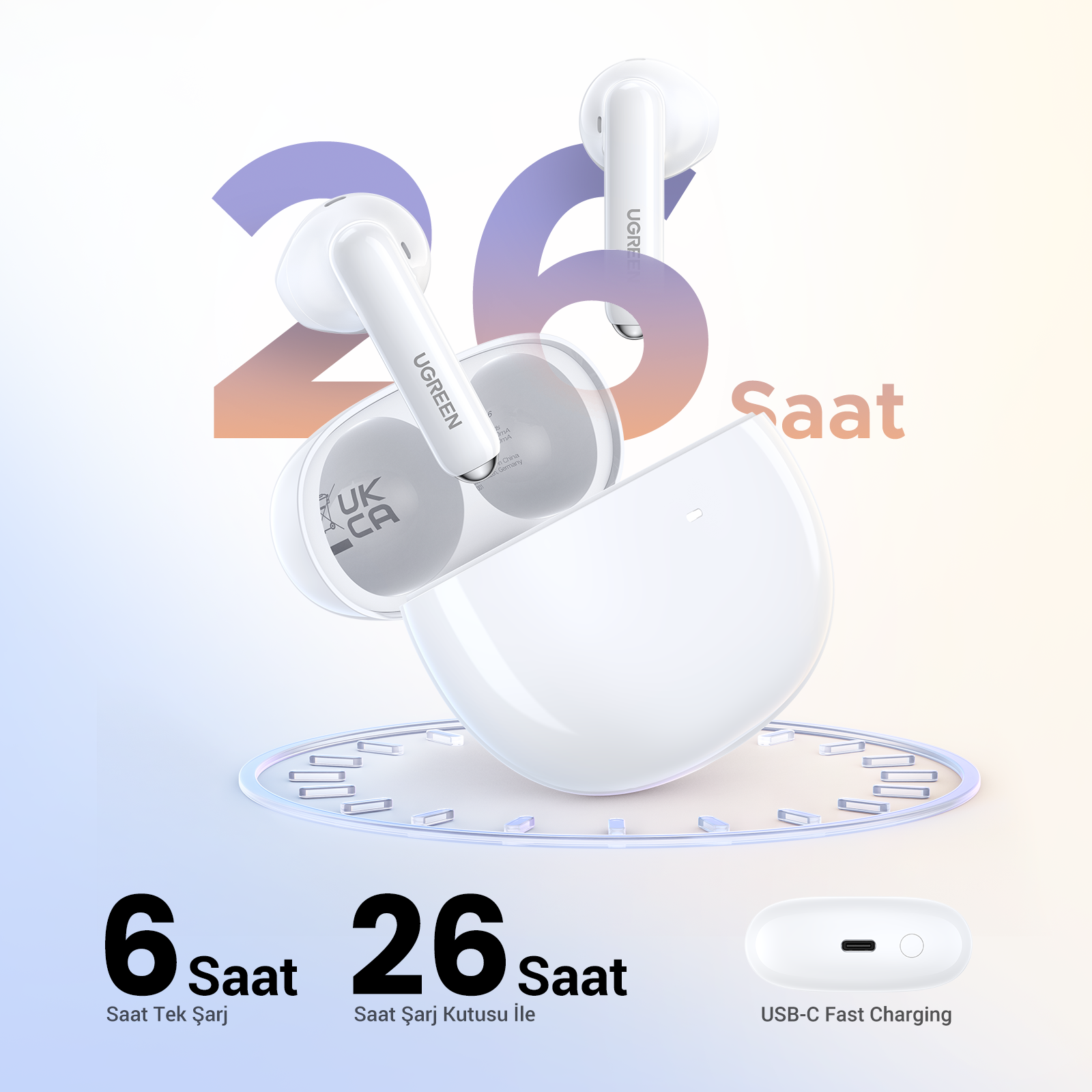 Beyaz UGREEN kulaklıklar, şarj kutusu ve 6/26 saat kullanım gösteren metin.